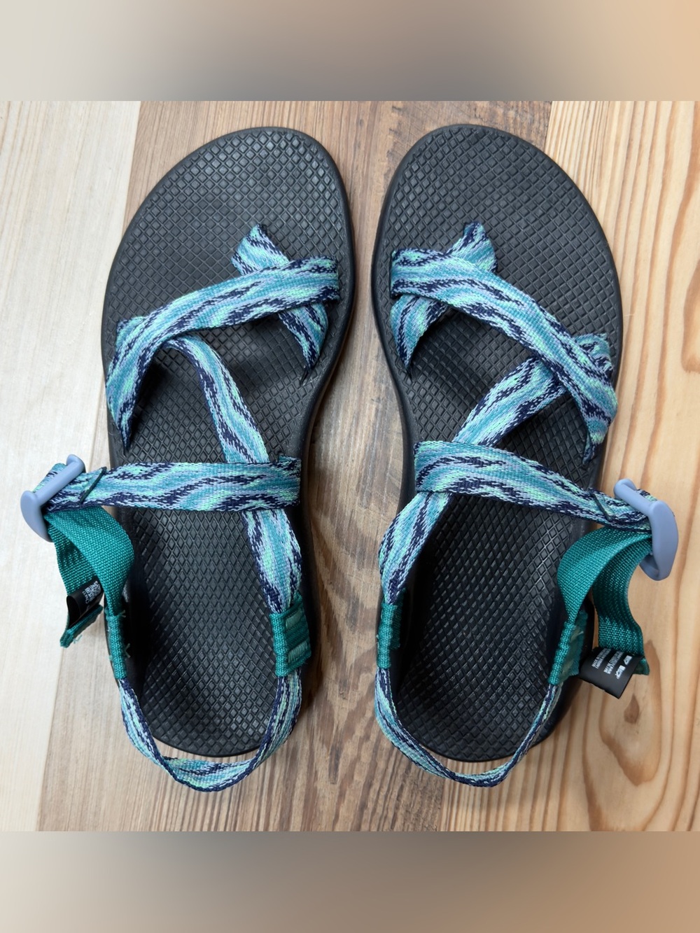 Chaco Strappy Sports Sandals Blue Teal Webbing Geometric Print Women's Size 9